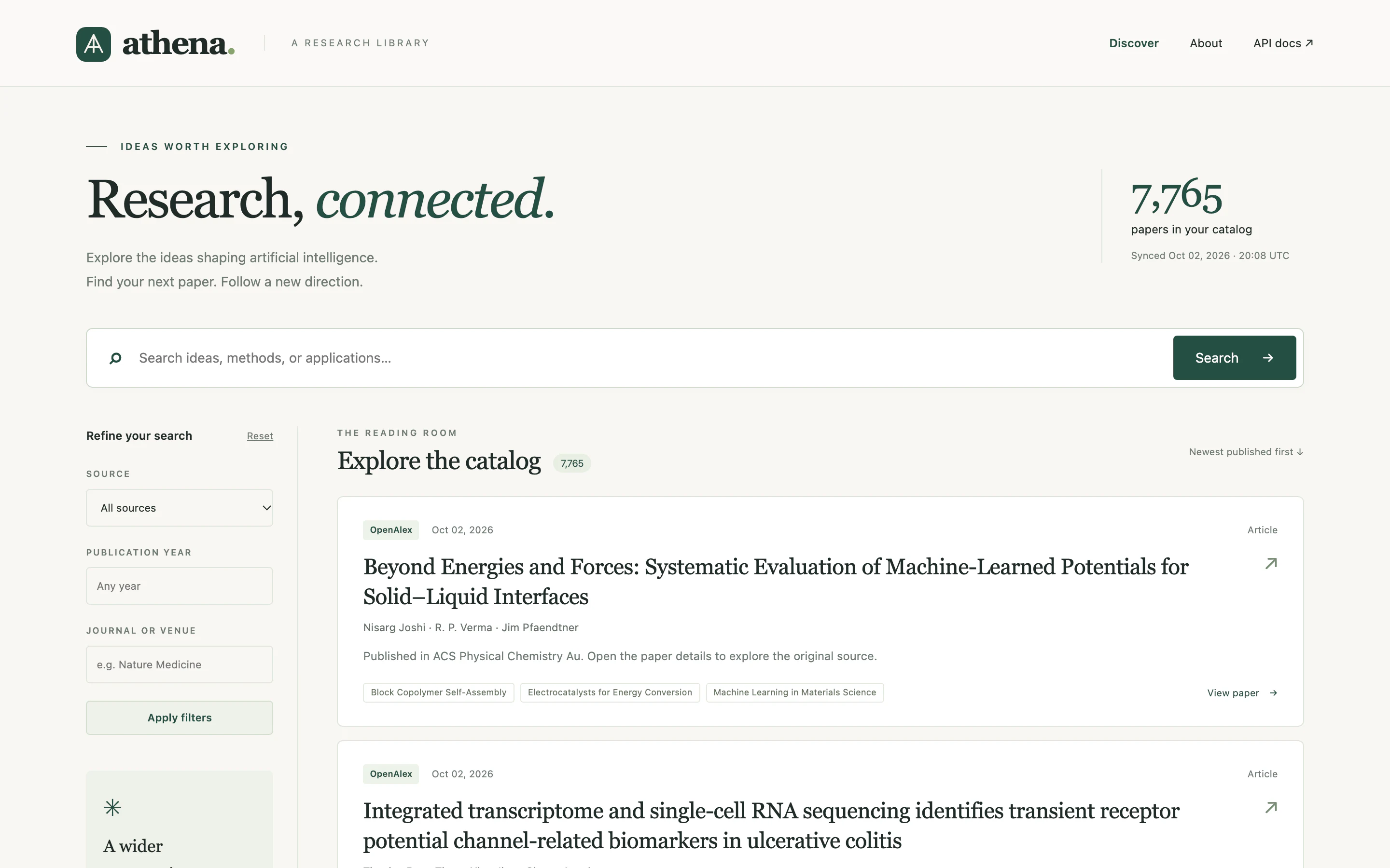 The Athena home page: a search box above a list of recent research papers
