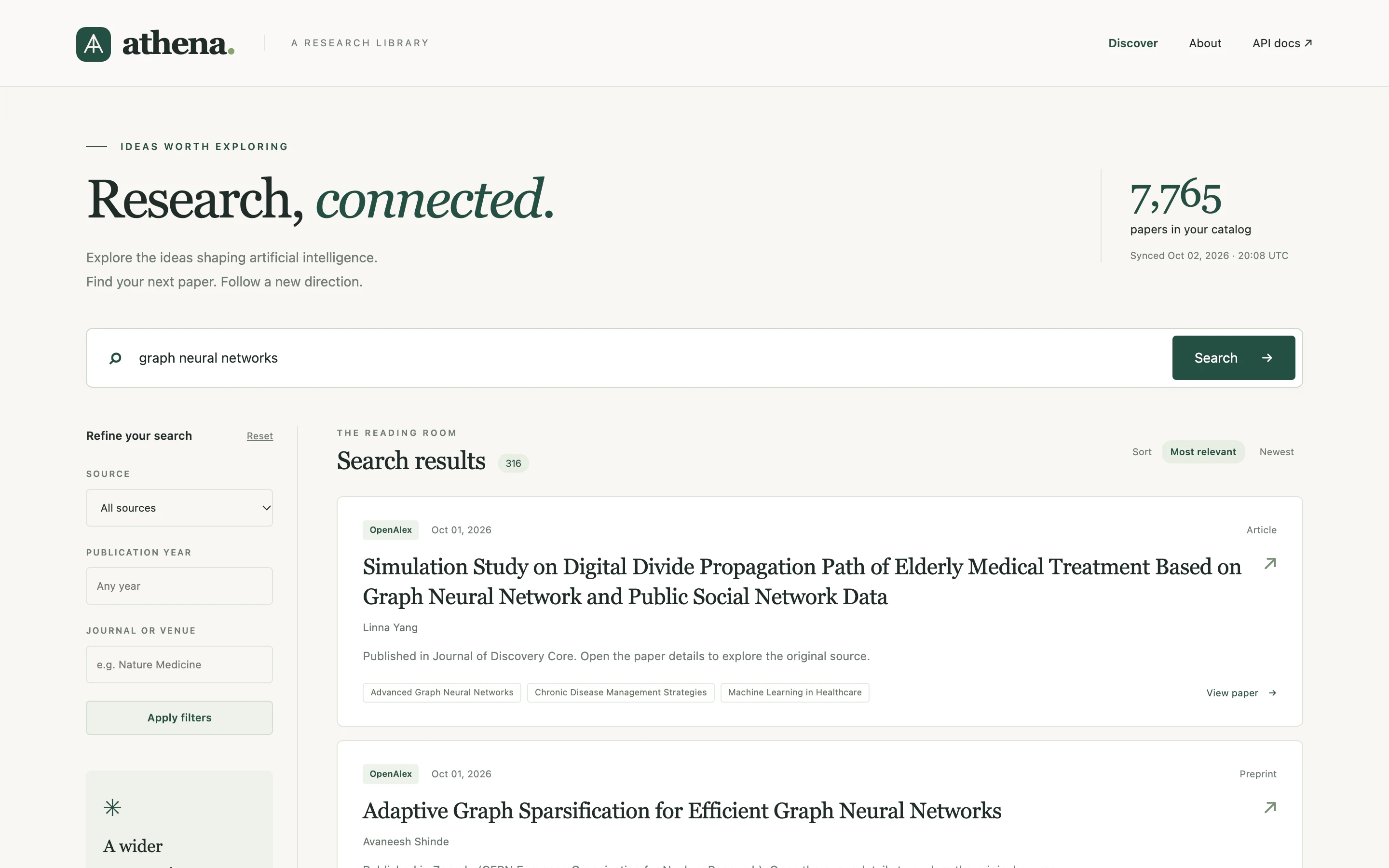 Athena search results for graph neural networks, with Most relevant selected