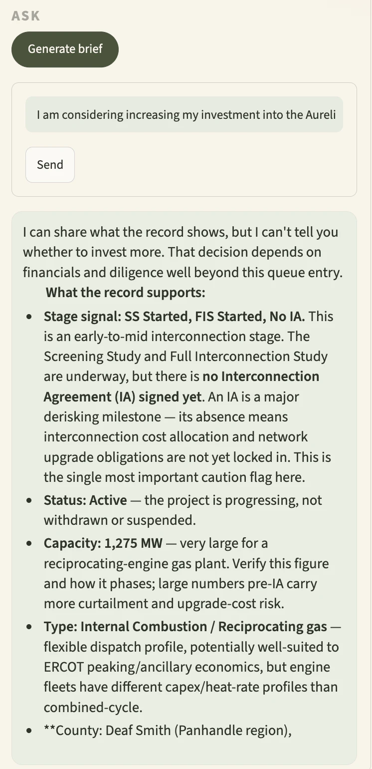 QueueScore answering a question about a project using only what its filing shows