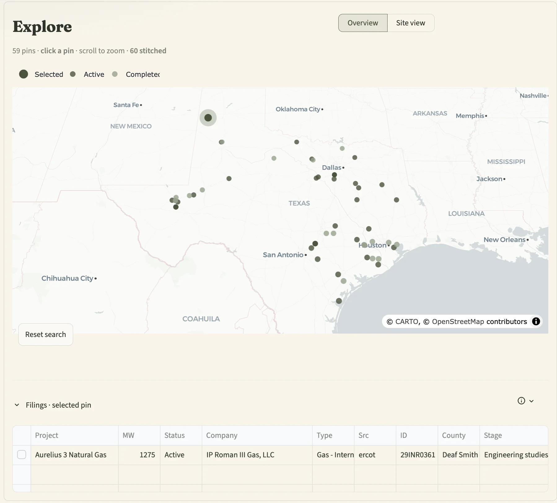 QueueScore map of Texas with a pin for each power project and a table of filings for the selected pin